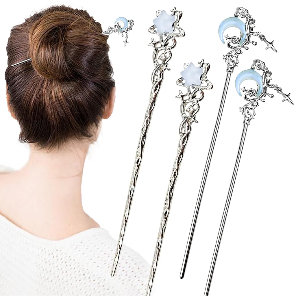 SANNIDHI® 4Pcs Hair Bun Sticks for Women 7 inches Stylish Crescent Star Charm Sticks Headpieces Metal Alloy Fashion Hair Accessories for Bun, Updo