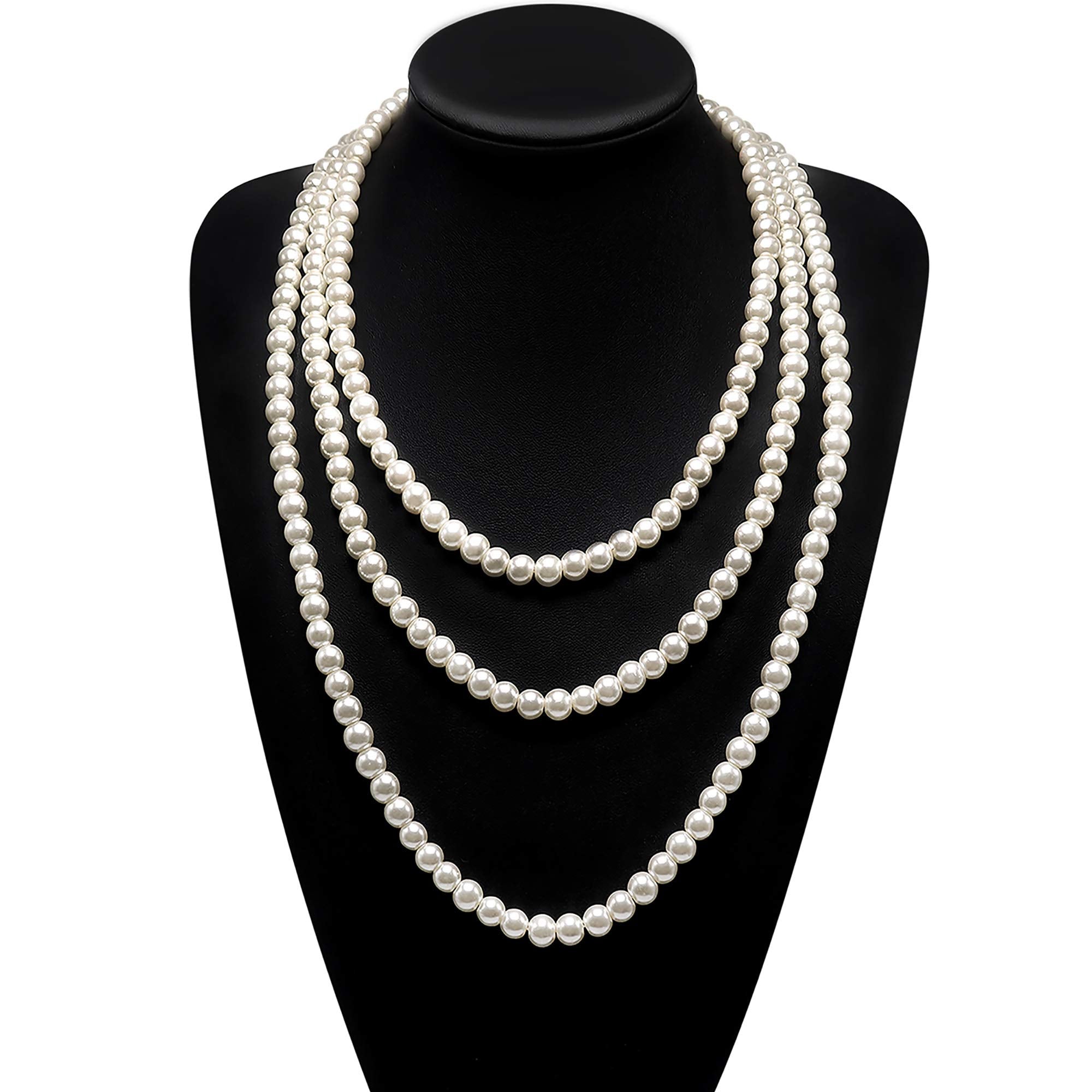 SANNIDHI  Pearl Necklace for Women Girls 3 Layer 59inch Long Choker Cream White Faux Pearls Strand Necklace Fashion Elegant Jewelry