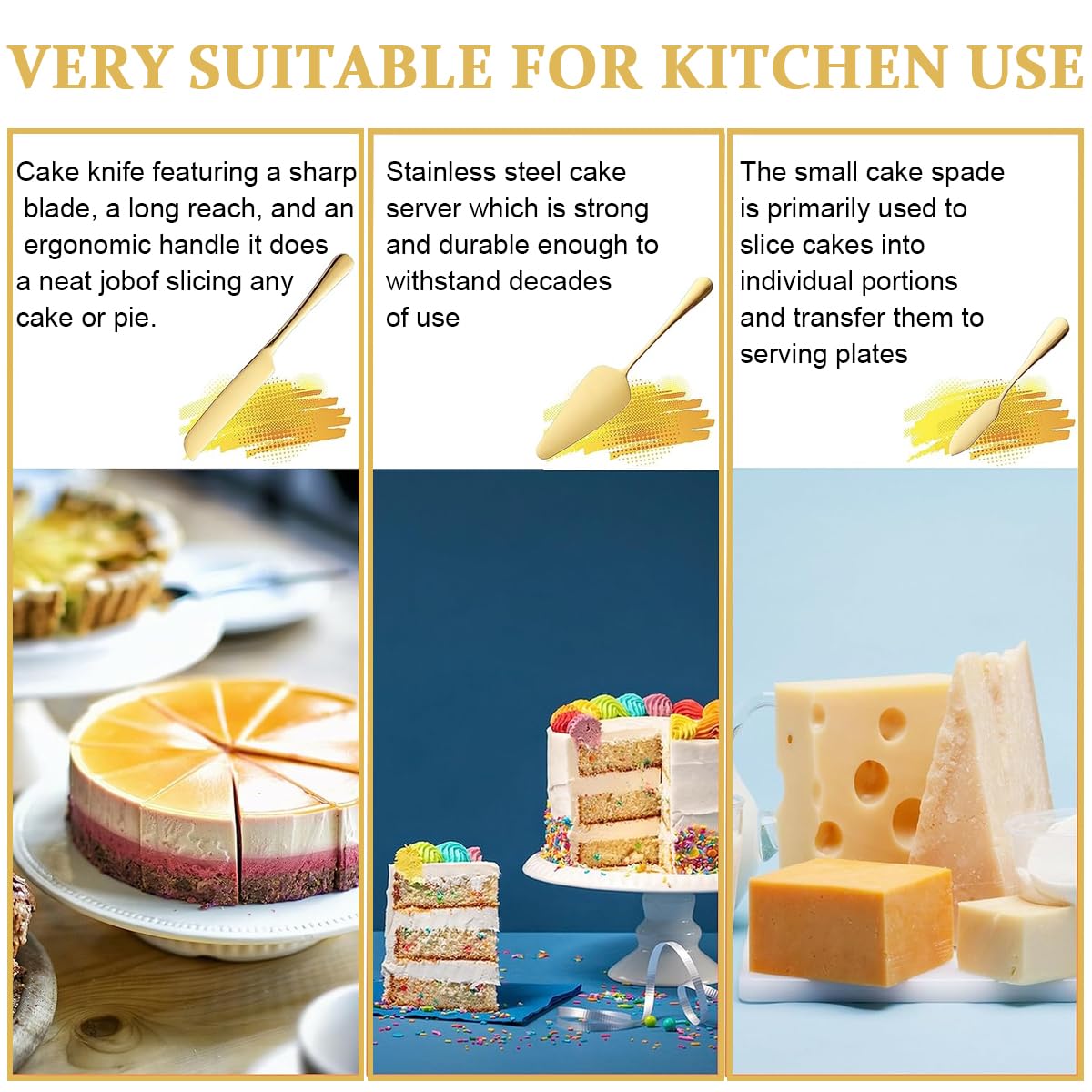 HASTHIP Cake Knife and Server Set for Weddings with Ergonomic Non Slip Handles | 3Pcs 9.29in Knife 8.8in Server 6.7in Spatula