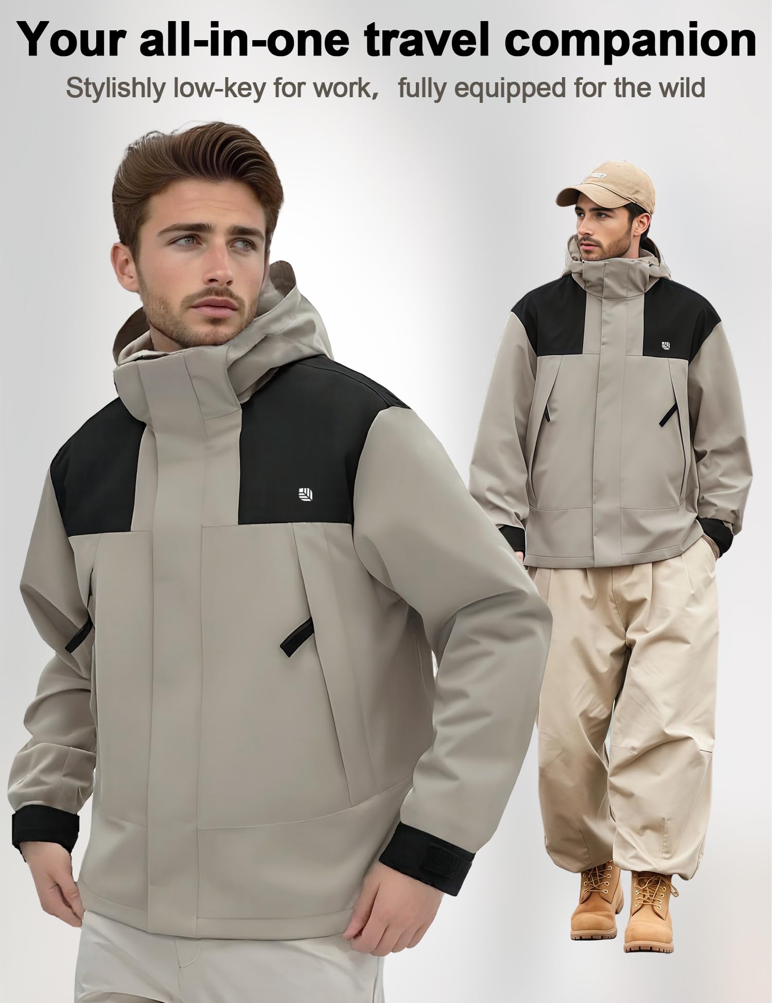 Venzina Men's Windproof Hiking Jacket for Trekking and Daily Use with Detachable Hood | Breathable Mesh Liner and Light Khaki Design