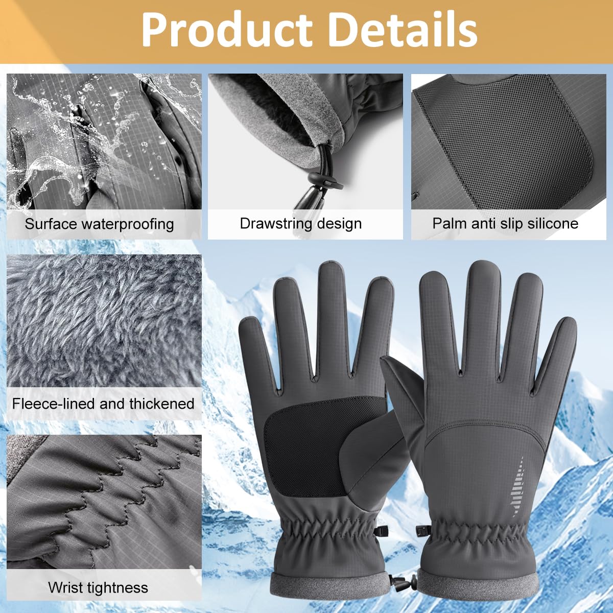 GUSTAVE Winter Gloves for Men with Touchscreen Fingertips and Anti Slip Palm Grip | Waterproof Thermal Ski Riding Gloves