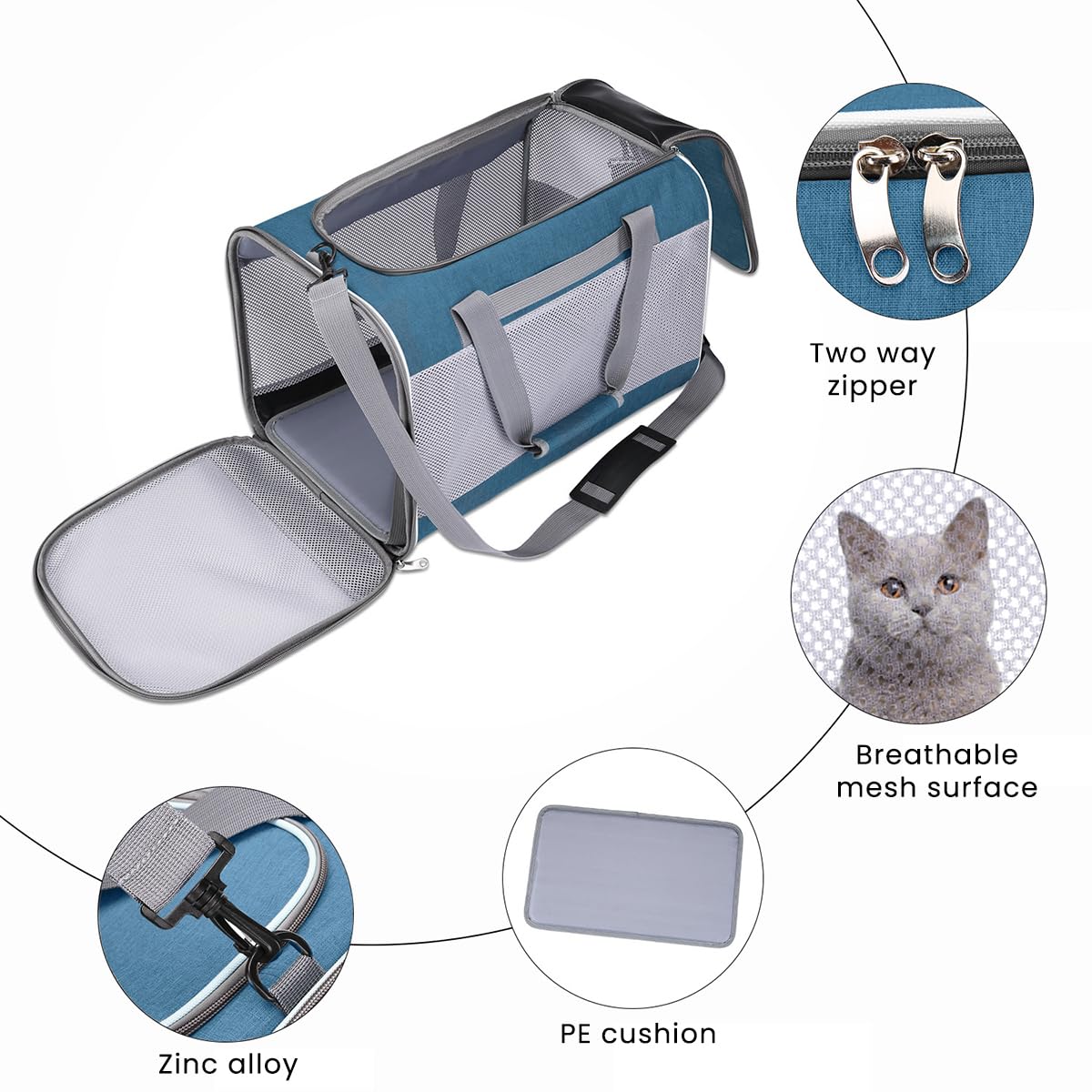 Qpets Cat Carrier Bag for Travel with Dual Entry and 4 Side Mesh Windows | 30×45×30 cm