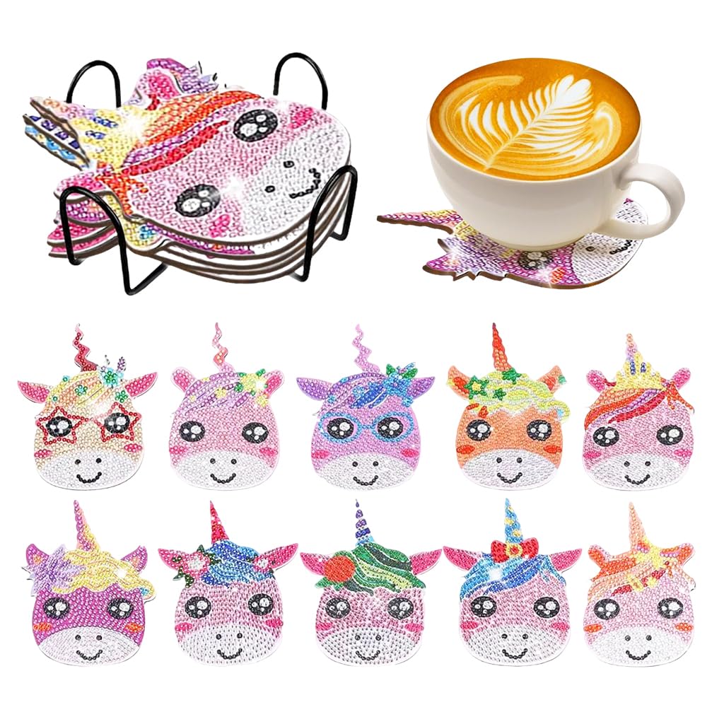 HASTHIP® Unicorn Diamond Art Coasters with Holder, Diamond Paint-by-Number Kits, DIY Unicorns Coaster Paintings Crafts, Cork Craft, Arts Supplies For Kids, Adults, Style D