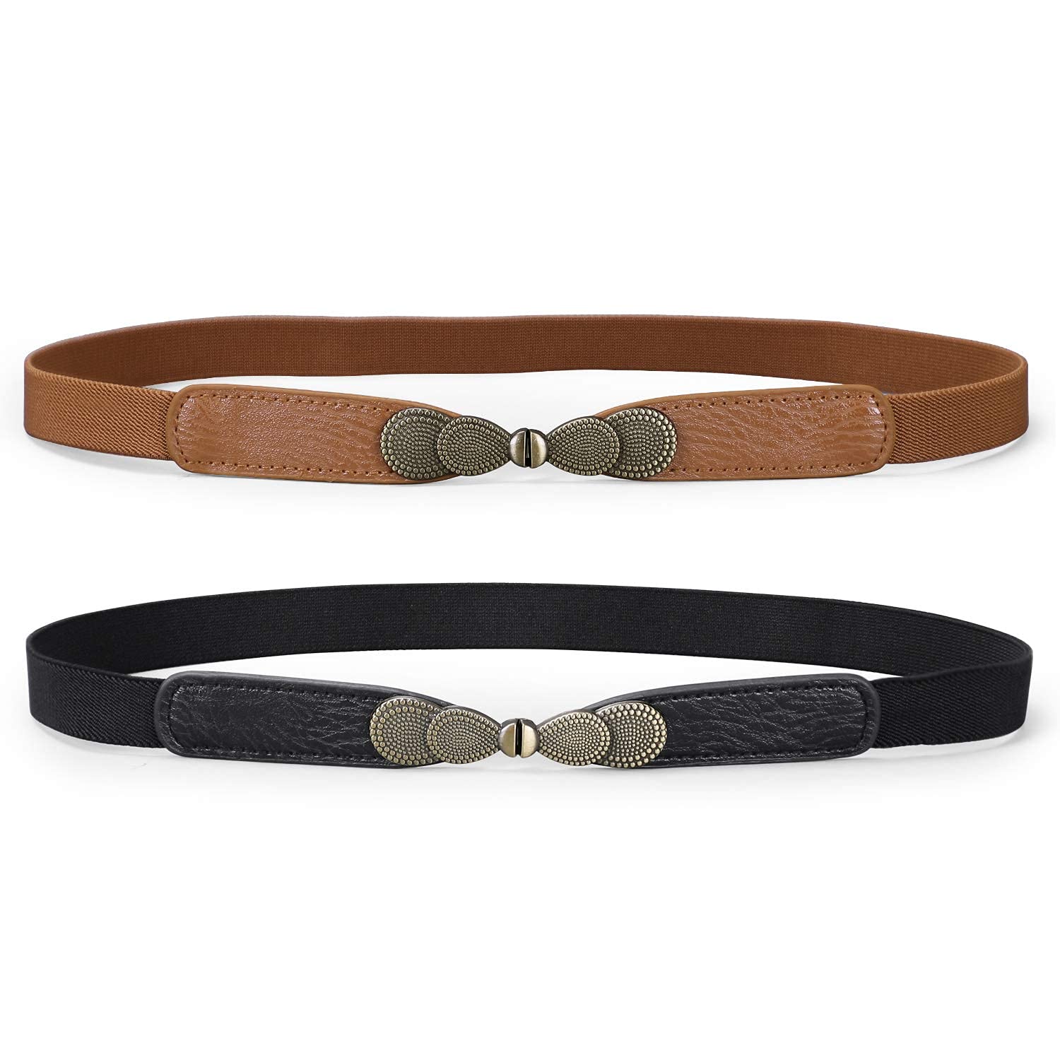 PALAY Women Skinny Elastic Stretch Belt for Dresses featuring Metal Buckles and Faux Leather 2 Pack 65cm | Retro Waist Accessory for Ladies