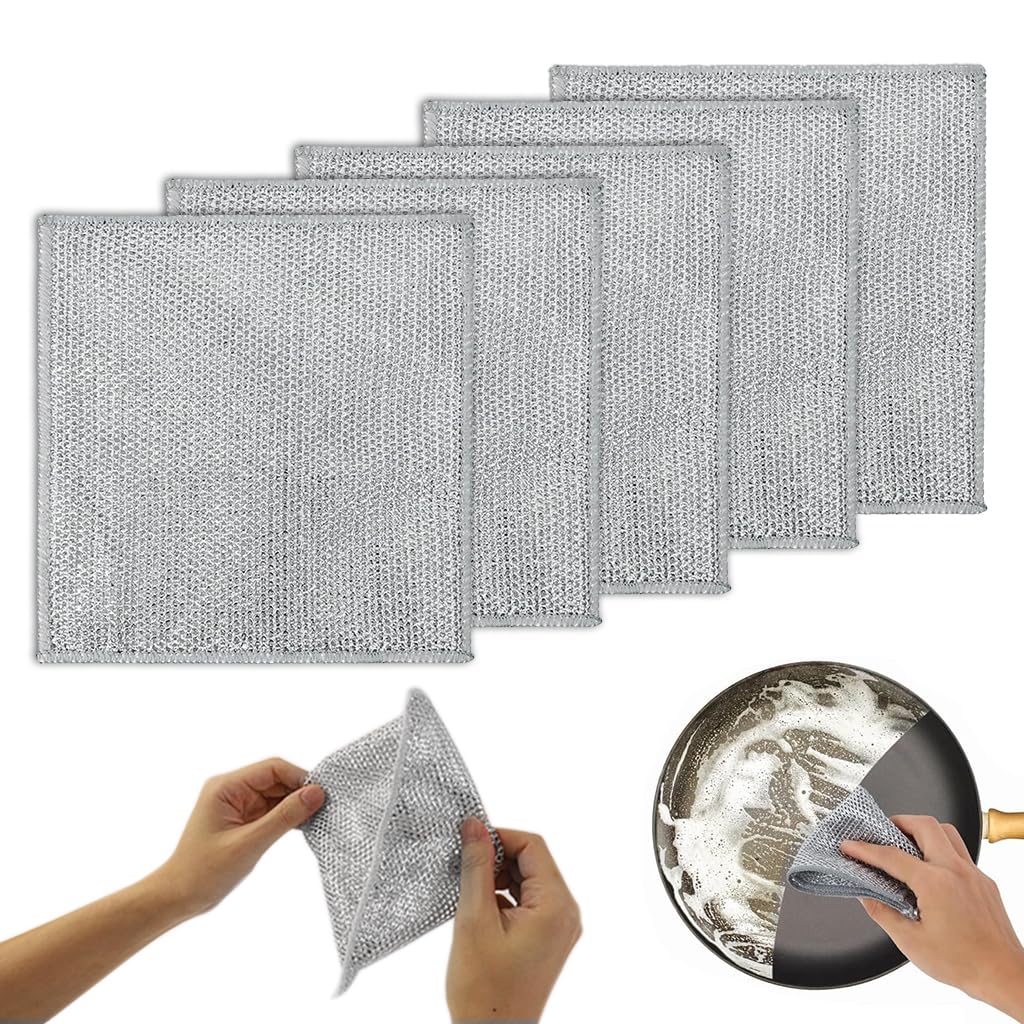 HASTHIP® 5Pcs Double Layer non scratch wire dish cloth Multipurpose Wire Dish Cloth for Kitchen Scrubbing and Cleaning Dishes, Pots, Sinks, Reusable Non Scratch Wire Dishwashing Rags for Wet and Dry