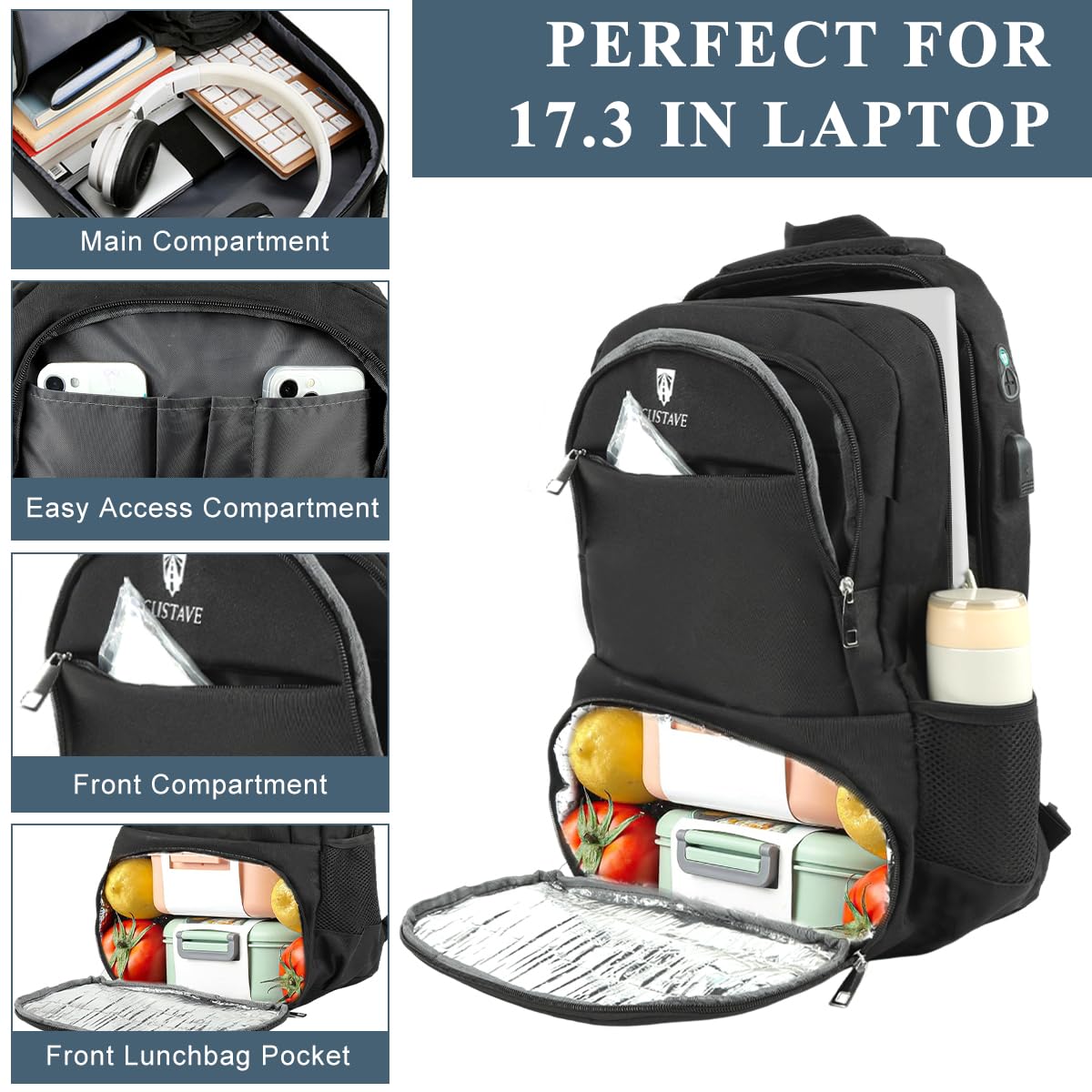 GUSTAVE Laptop Backpack for Travel and Work with Insulated Waterproof Compartment 17.3 in | Multi-Compartment Design
