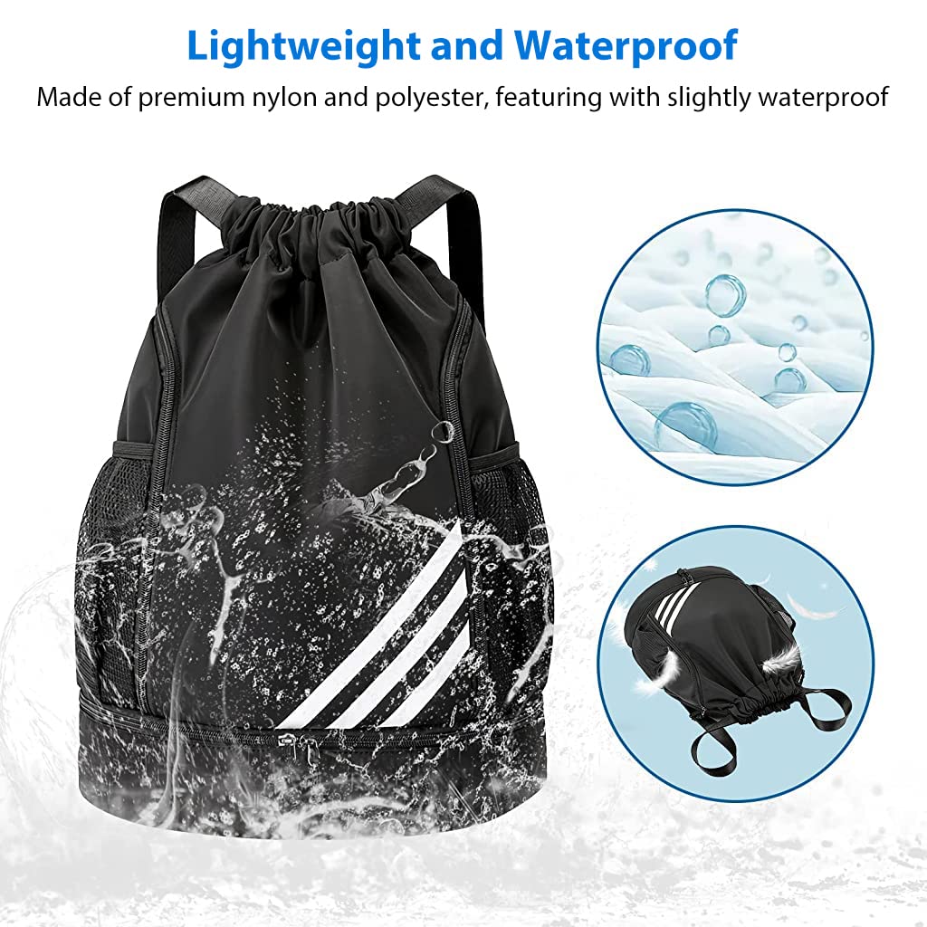 Optifit® Drawstring Bag for Teens Men Women Gym Sports with Shoe Compartment, Double Layer Large Capacity Waterproof Drawstring Backpack for Basketball Football Outdoor Sports