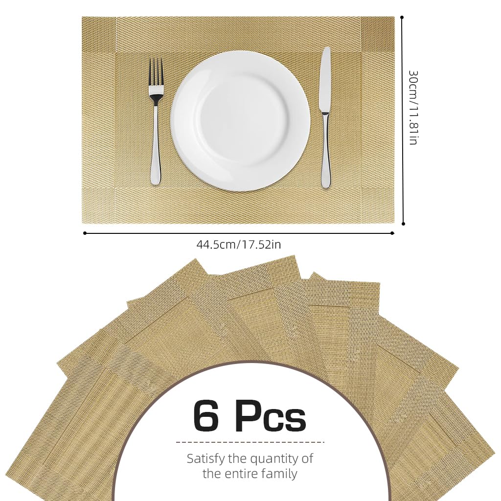 ZIBUYU® 6Pcs Dining Table Placemat Minimalism Placemat PVC Placemats for Dining Table Heat Resistant Dish Placemats for Dining Table Wedding Banquet Placemat, Golden, 17.7x11.8 Inches