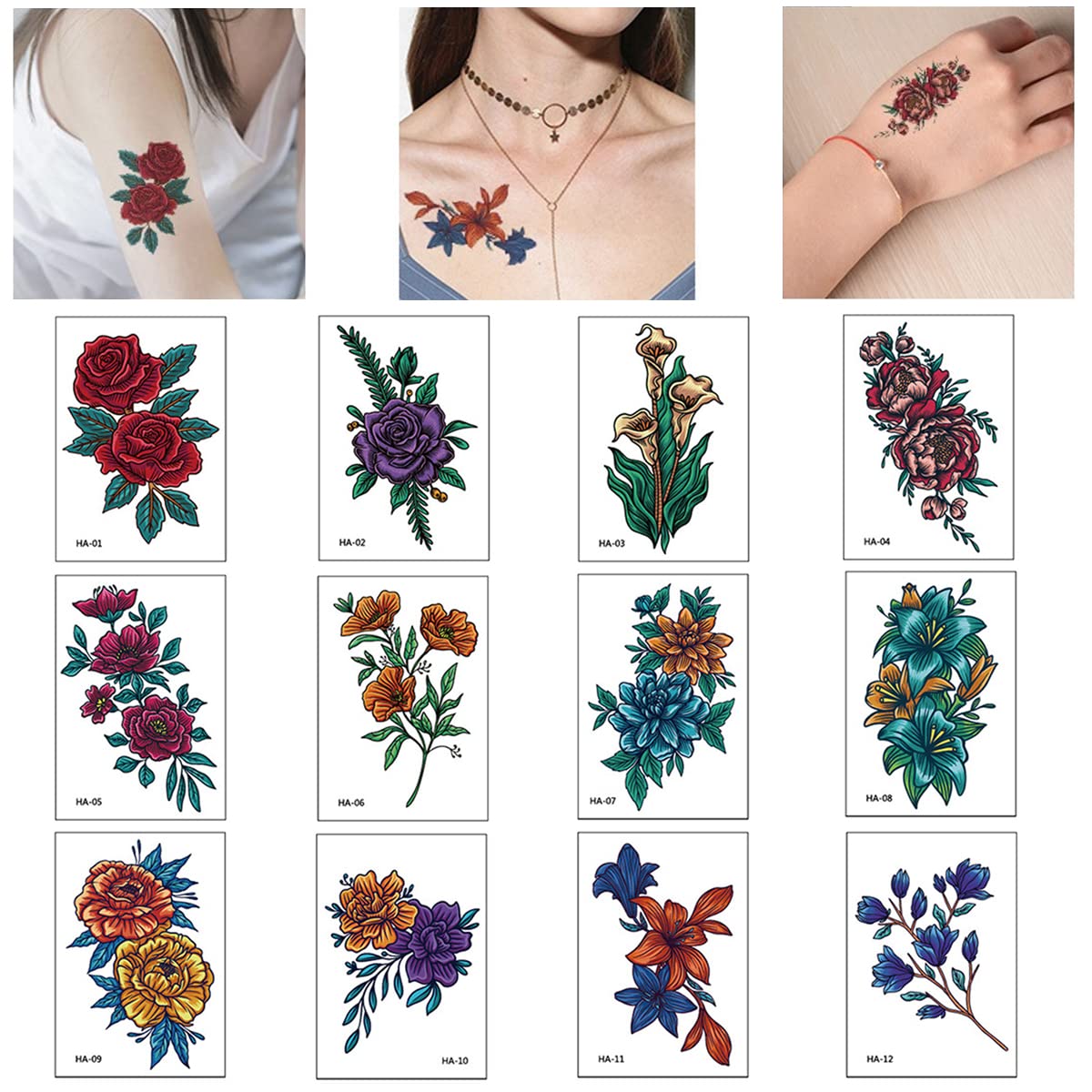 MAYCREATE 12 Sheets Color Tatto Sticker Vintage Large Flowers Temporary Tattoos Stickers Roses Tatto Stickers Assorted Tatto Sticker for Body Art Tattoos Art Waterproof Temporary