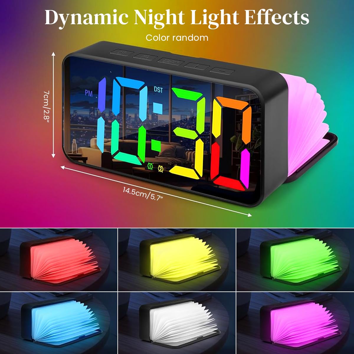 HASTHIP LED Digital Alarm Clock with 14 RGB Color Screen and Dual Alarm | USB Rechargeable Folding Nightlight