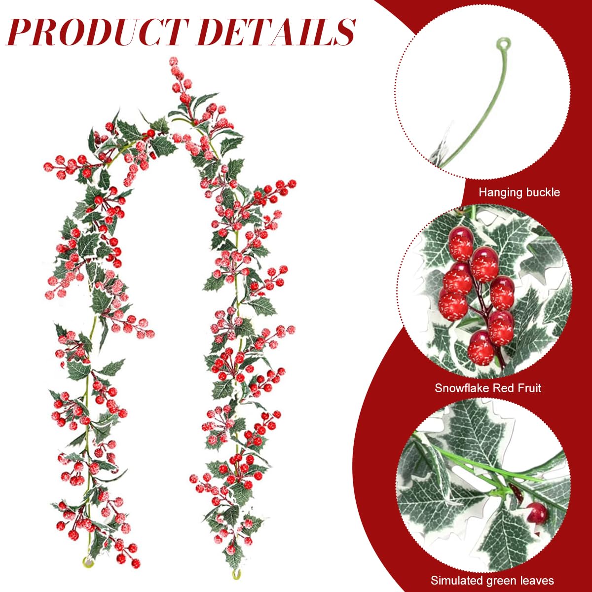 HASTHIP Christmas Berry Garland for Fireplace Mantel and Stair Decor with 5.7ft Vine | Frosted Red Berries and Green Holly Leaves