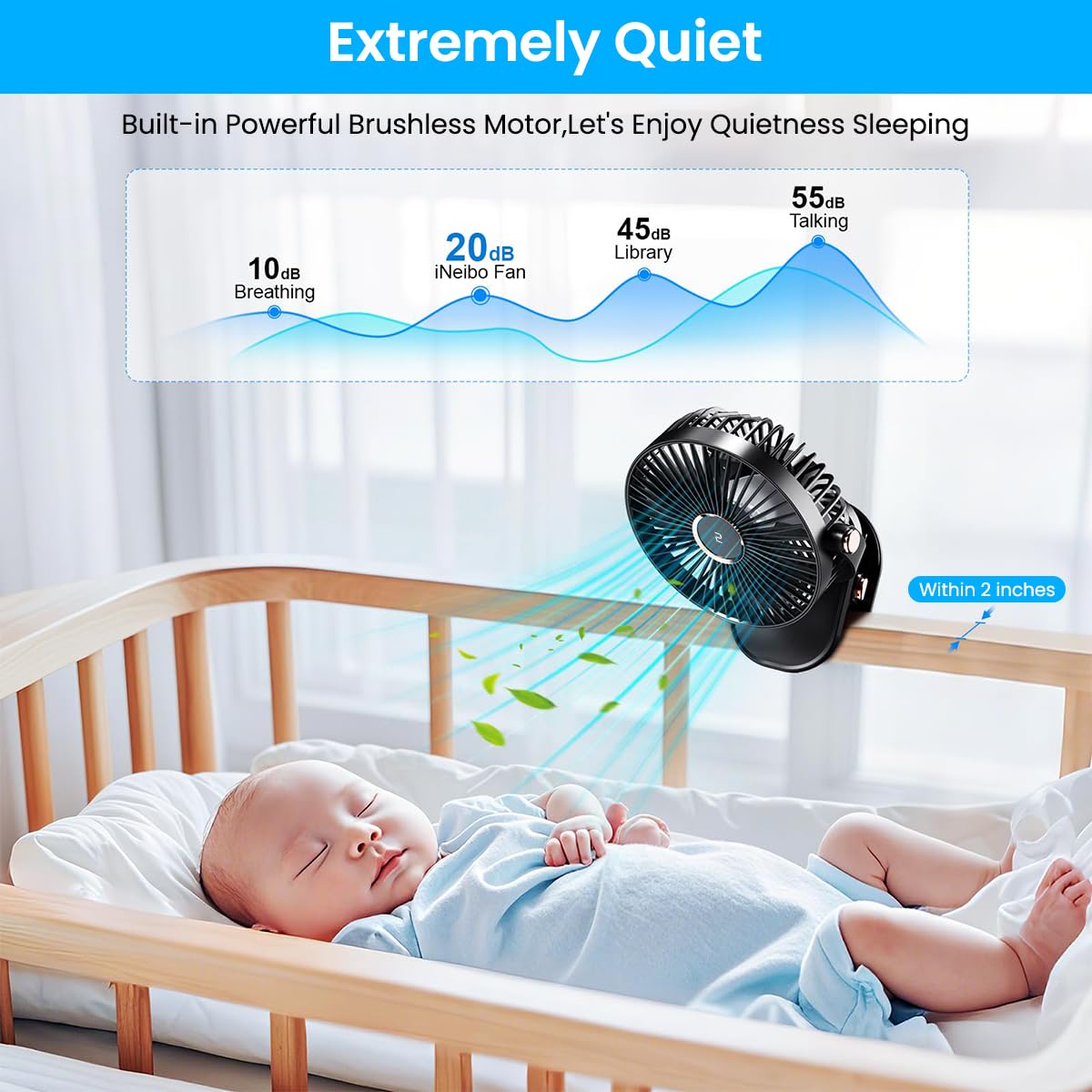 Verilux USB Clip Fan for Home and Office with 2000mAh Battery and 360° Adjustment | Night Light