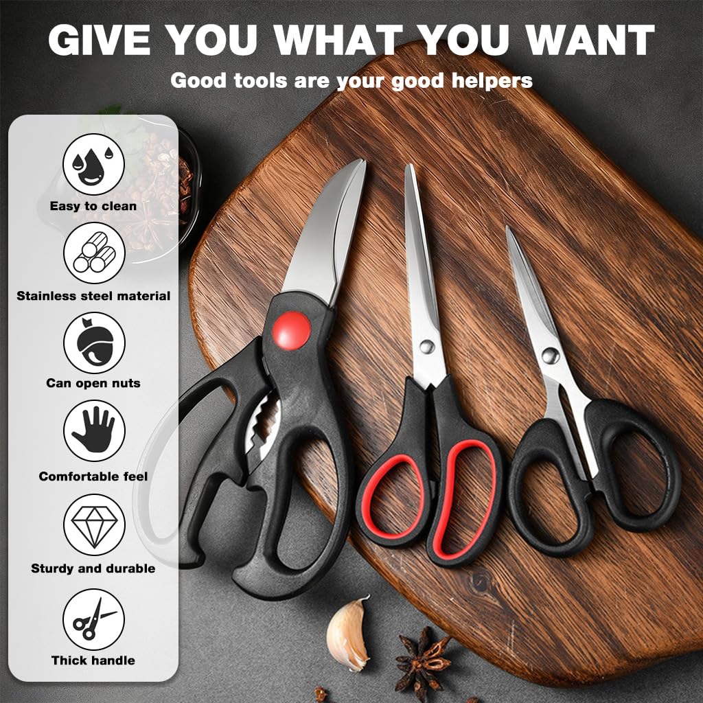 Supvox Kitchen Scissors Set of 3 for Meat and Herb Cutting with Nut Cracker | Stainless Steel Ergonomic Handles