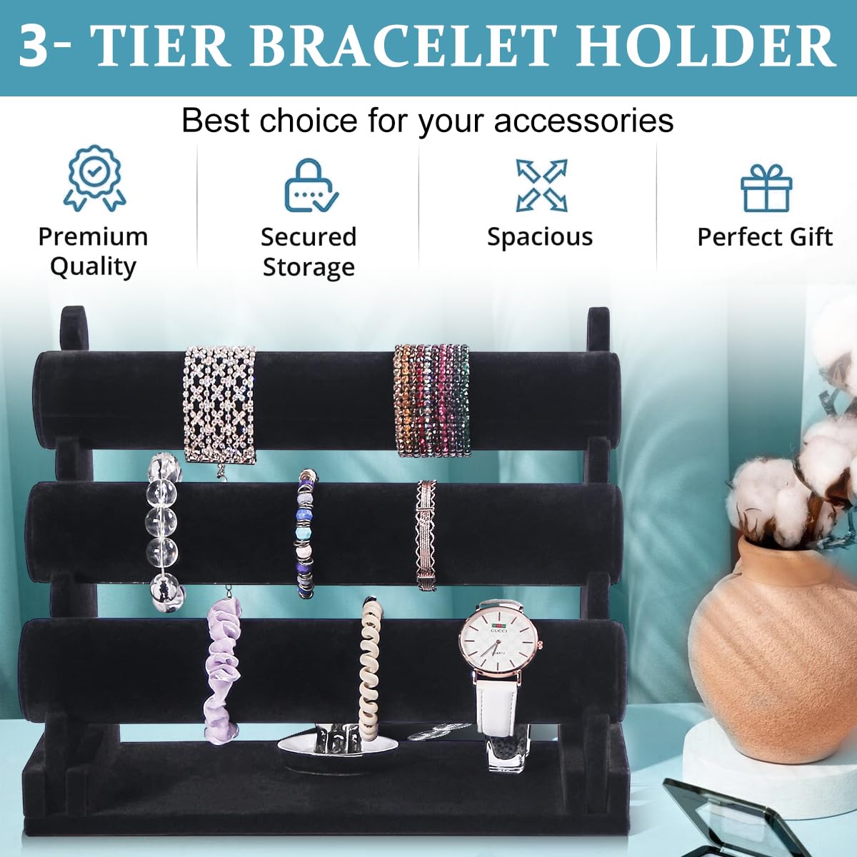 MAYCREATE Bracelet Organizer for Watches and Bangles with 3 Tiers Velvet Stand | Black
