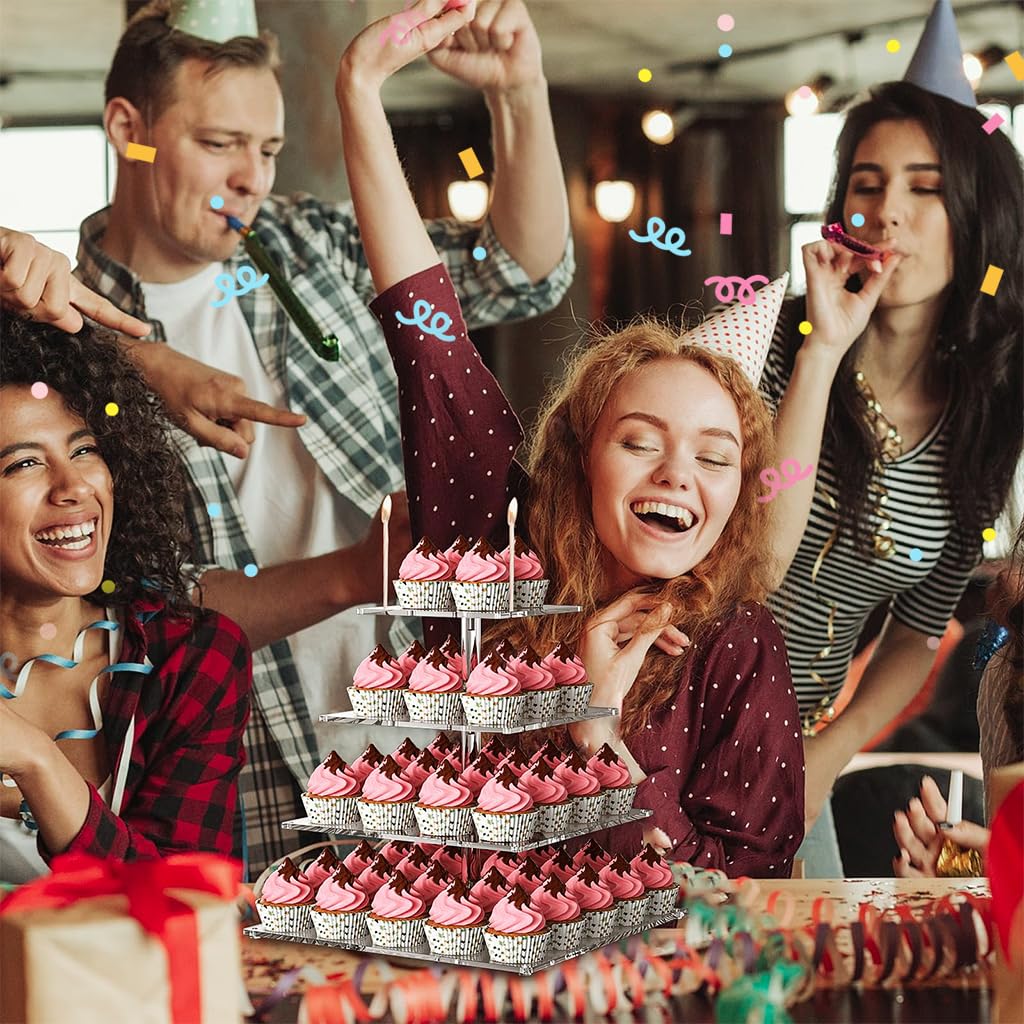 Supvox Acrylic Cake Stand for Cupcakes and Desserts featuring 4 Tier Square Design 15.7 in | Clear Display for Parties