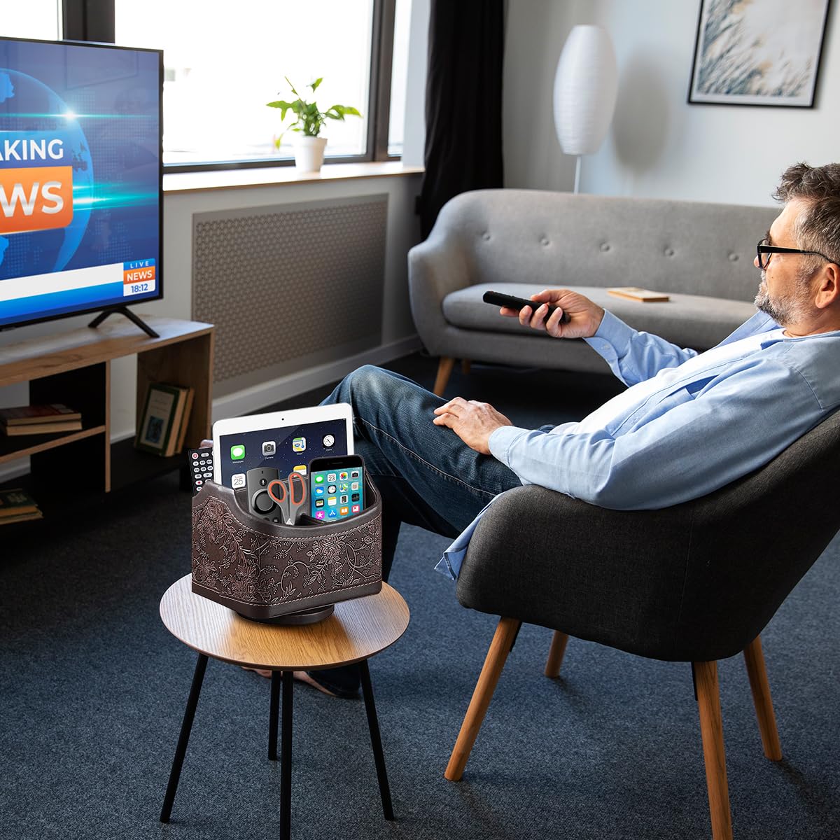 Climberty Desk Organizer with 360 Rotatable Base and Vintage Embossed Brown PU Leather | 17.5x13.5x15.5cm