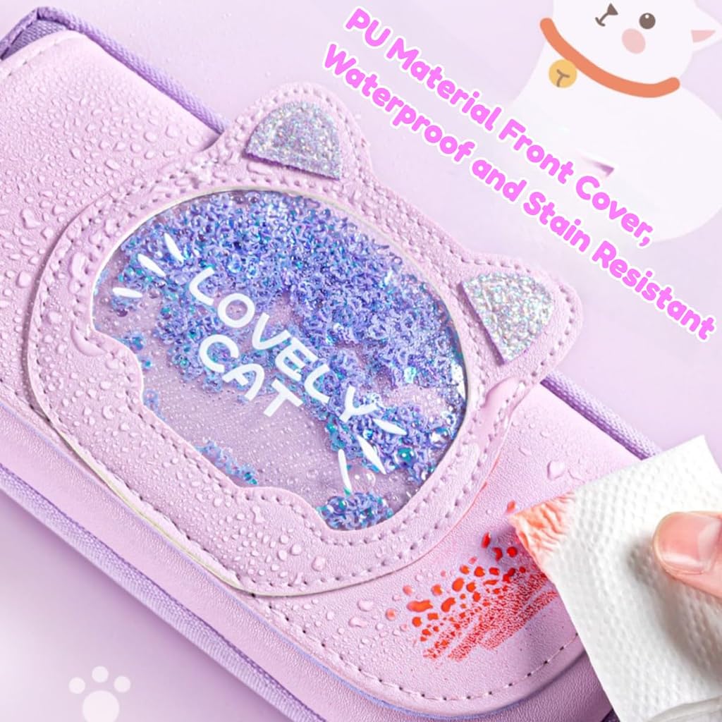 Zibuyu Cute Cat Kawaii Pencil Case for School with Quicksand Glitter and Handle | Purple PU Leather Organizer