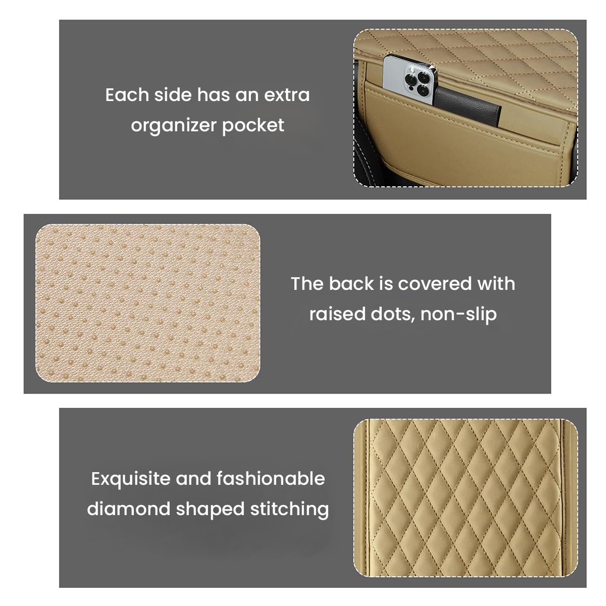 STHIRA Car Armrest Cushion Pad with Dual Storage Bags 20x30.8cm Microfiber Leather Khaki