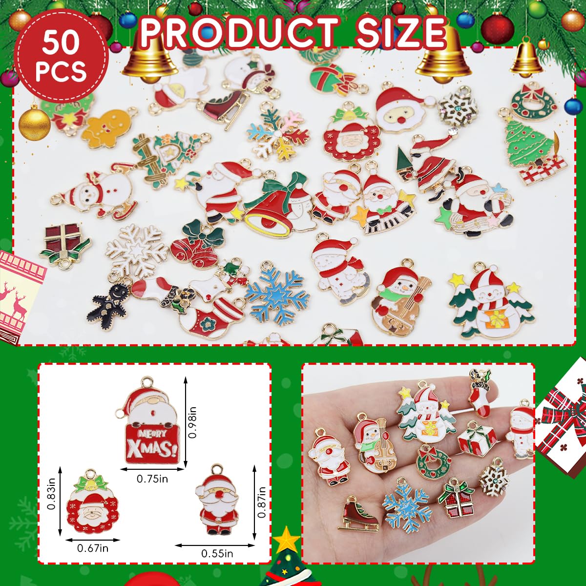 SANNIDHI Christmas Charms for Jewelry Making with 50pcs Gold Plated Enamel Pendants | DIY Gifts