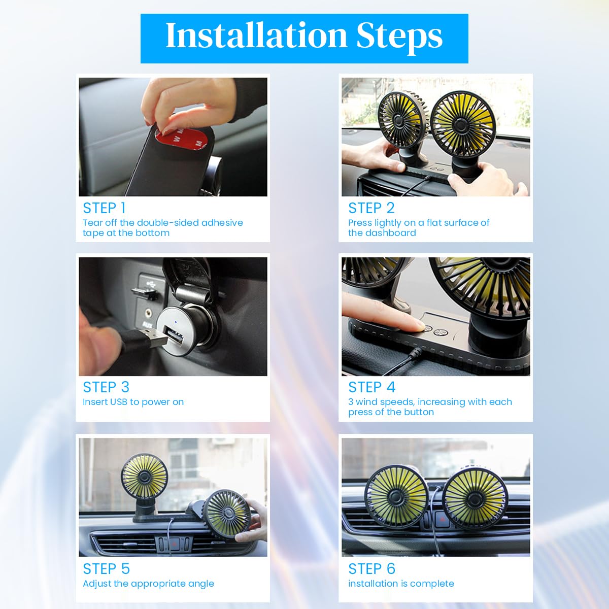 STHIRA Car Fan for Dashboard with Dual Head USB Design and 3 Speed LED Control | Plug & Play