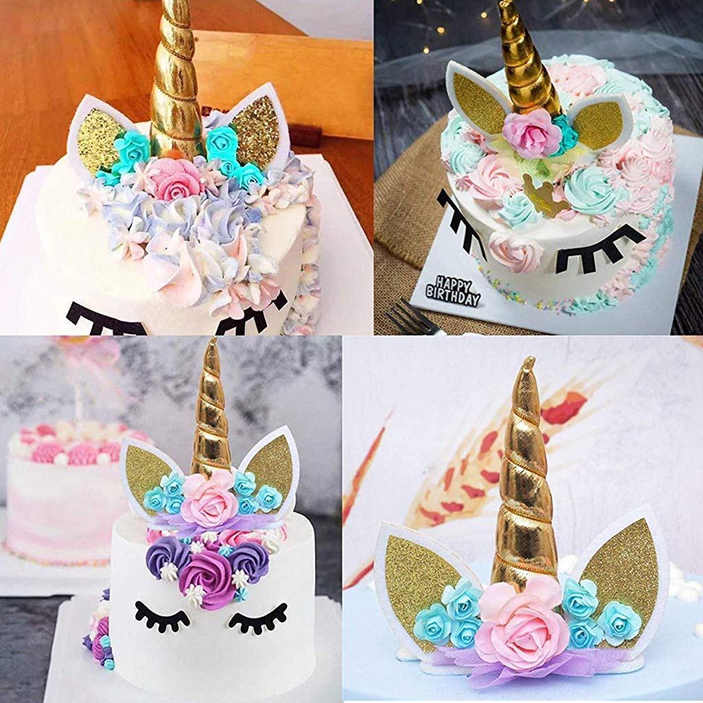 HASTHIP® Handmade Gold Reusable Unicorn Horn Ears Eyelash Set Birthday Cake Topper Decoration 5.8 Inch 3 PCS