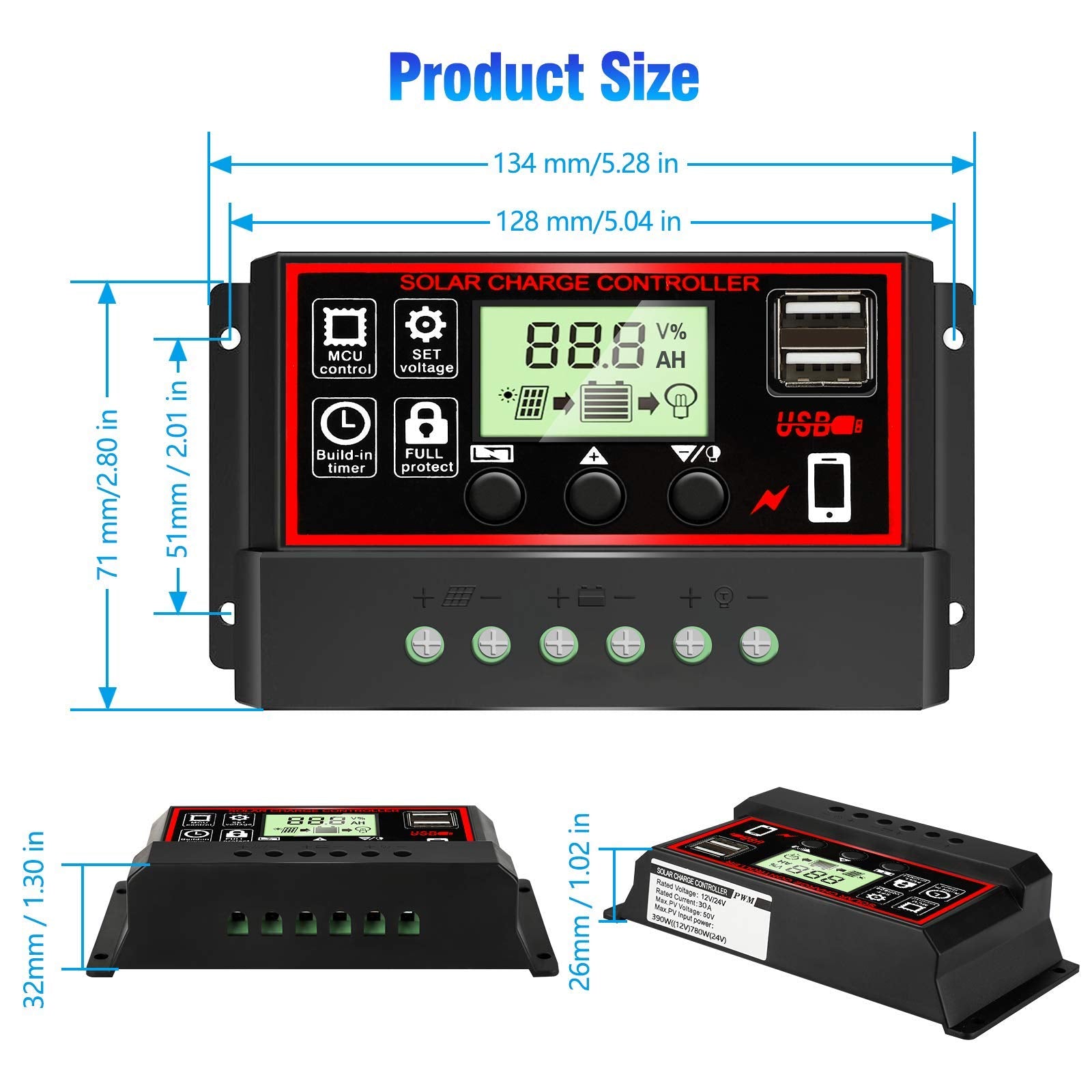 Verilux® 10A Solar Charge Controller, Black Solar Panel Battery Smart Regulator, Dual USB Ports 12V/24V PWM Automatic Paremeter Adjustable LCD Display