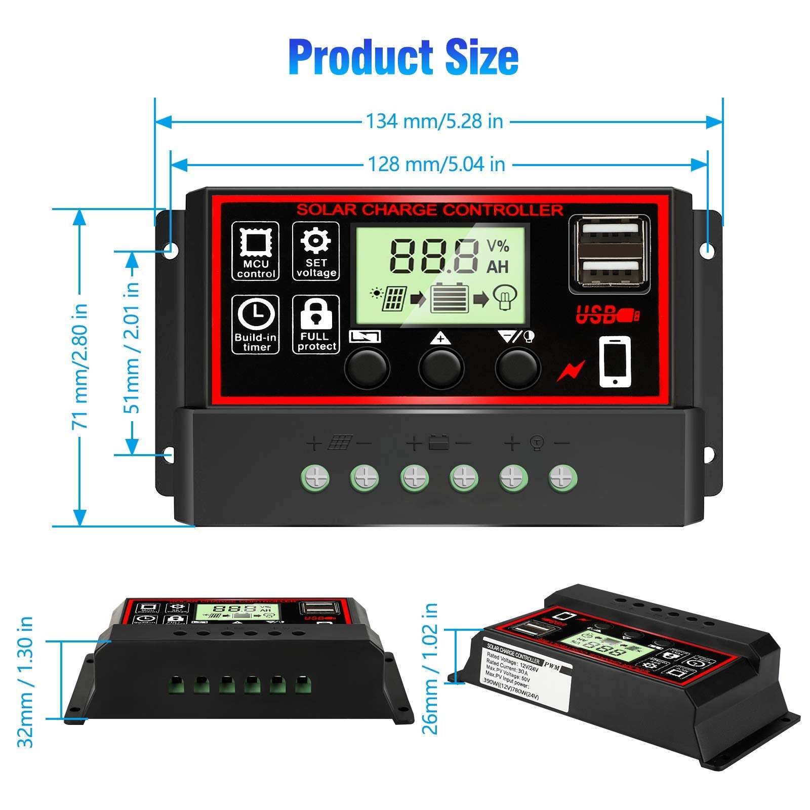 Verilux 10A Solar Charge Controller for 12V 24V Systems with Dual USB and LCD Display