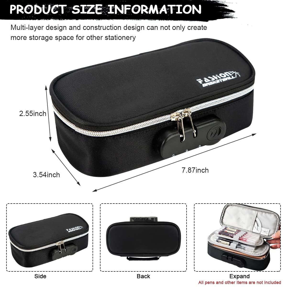 Climberty Canvas Pencil Case for School with 4 Layer Compartments and Combination Lock | Black Waterproof 21.5×9.5×6.5 cm