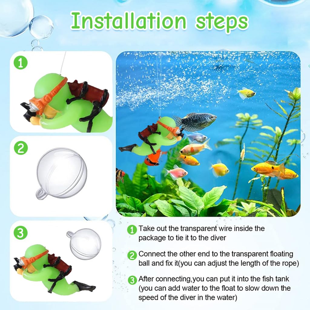 Qpets Aquarium Floating Cartoon Diver Decorations for Fish Tanks with Night Glow Resin 3×7cm | Adjustable Floating Design