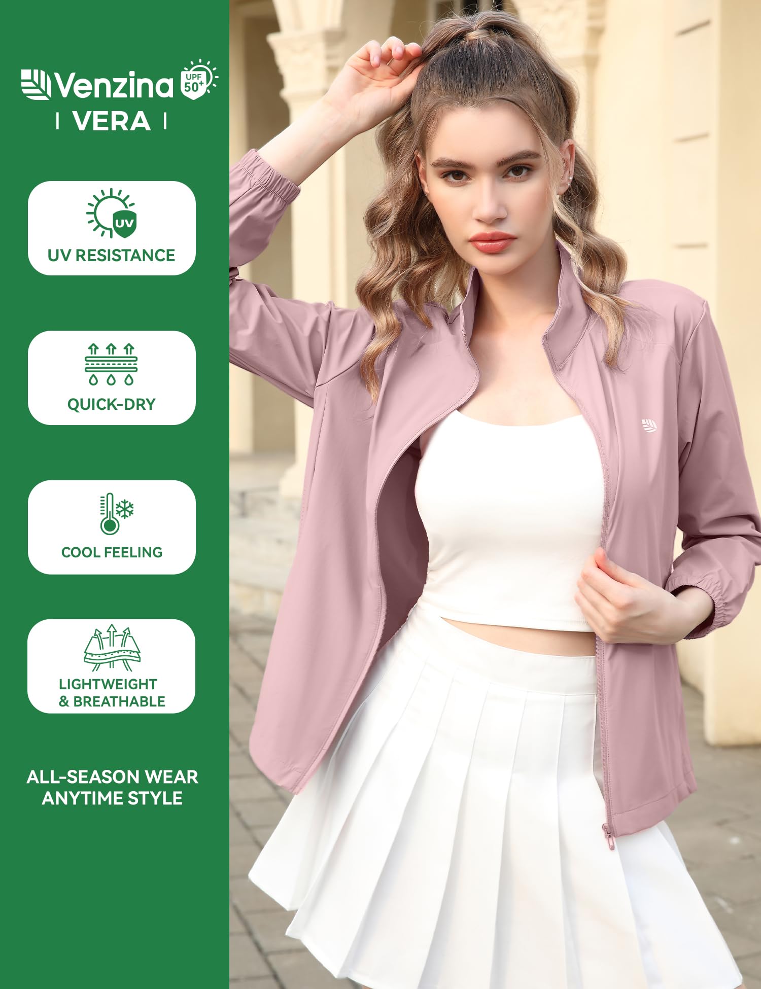 Venzina Women’s UPF 50+ Sun Shirt for Travel with 4-Way Stretch Mesh Vents | Pink