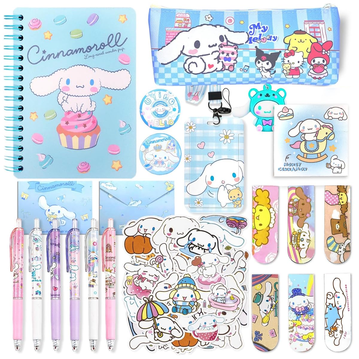 Climberty® Kawaii Cinnamoroll School Supplies Set, Kawaii Stationeries Supplies Set with Notebook, Pencil Pouch, Click Pens, Assorted Cinnamoroll Cartooon Stickers