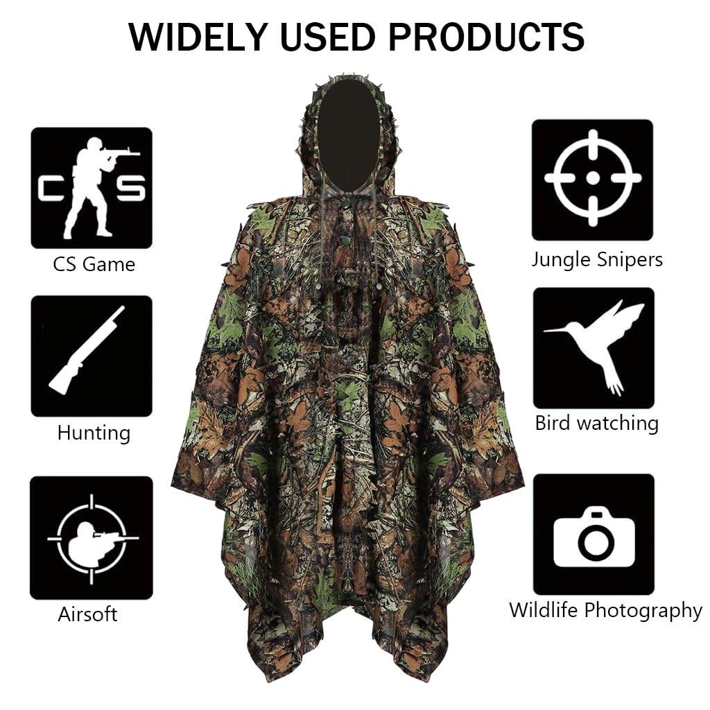 Proberos® Ghillie Suit, 3D Camouflage Hunting Apparel, 3D Leaf Woodland Poncho Ghillie Suit Camouflage Clothing for Hunting Bird Watching Military Training Outdoor Gaming Wildlife Photography