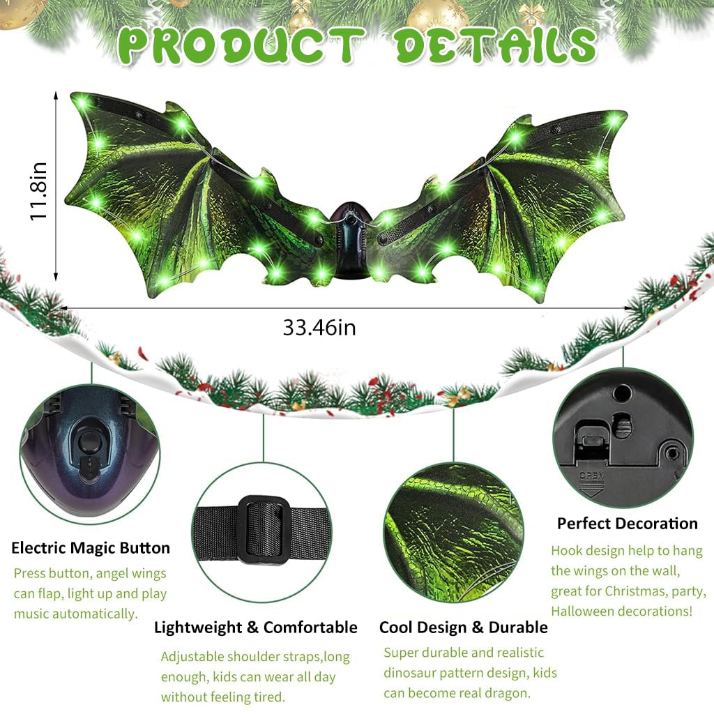 PATPAT Electric Dinosaur Wings for Kids with LED Light and Music featuring Motorized Flap | Green Halloween Costume for Boys and Girls