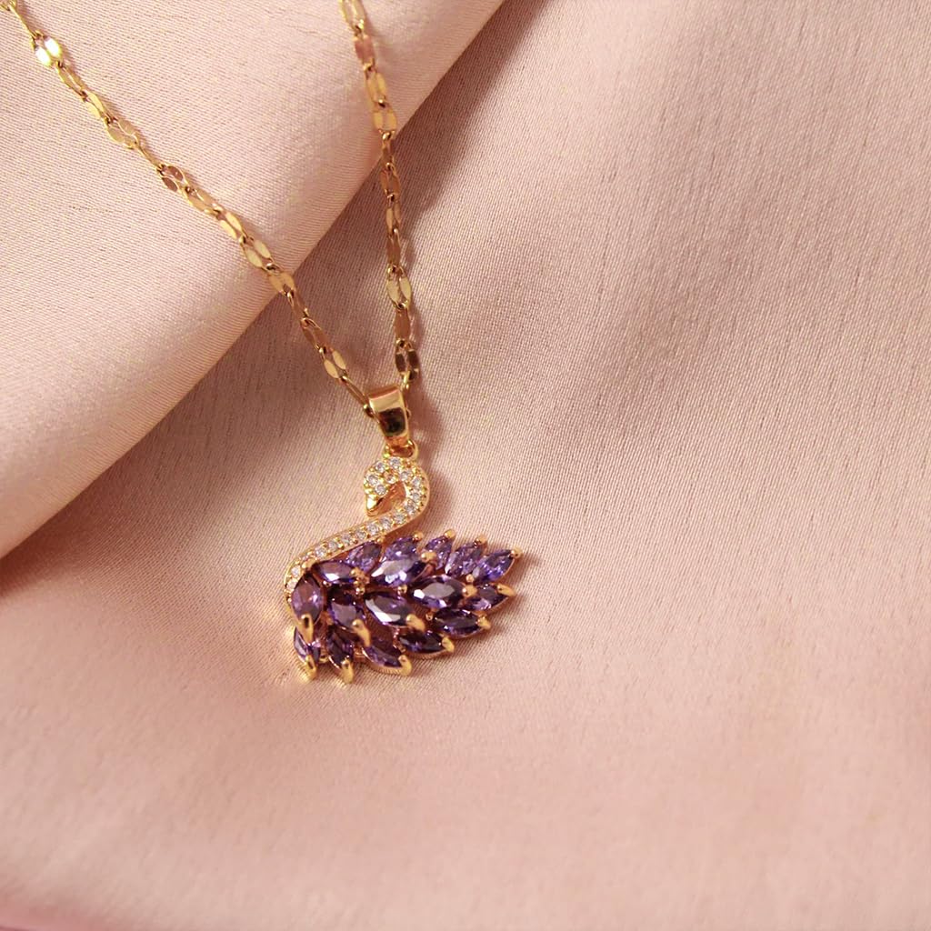 ZIBUYU Sparkling Swan Necklace for Women with Purple Zircon and 15.7+1.9 in Chain | Golden Stainless Steel Jewelry Gift
