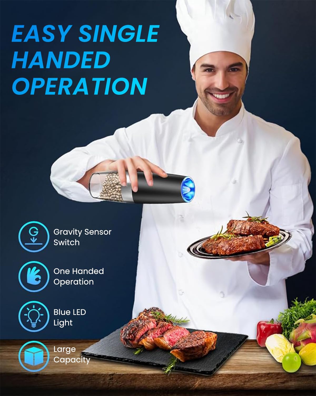 Supvox Electric Pepper and Salt Grinder for Kitchen with Gravity Sensor and Ceramic Core | Stainless Steel Black