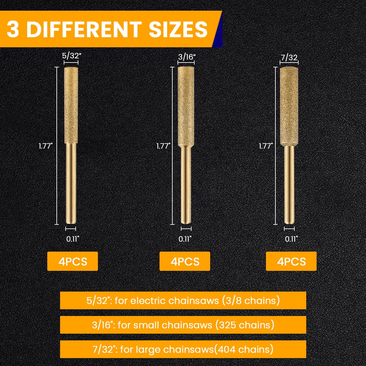 Serplex Chainsaw Sharpener Bits 36PCS for Chain 4 4.8 5.5mm with Titanium Plating | Coarse Emery Attachments for Rotary Tools
