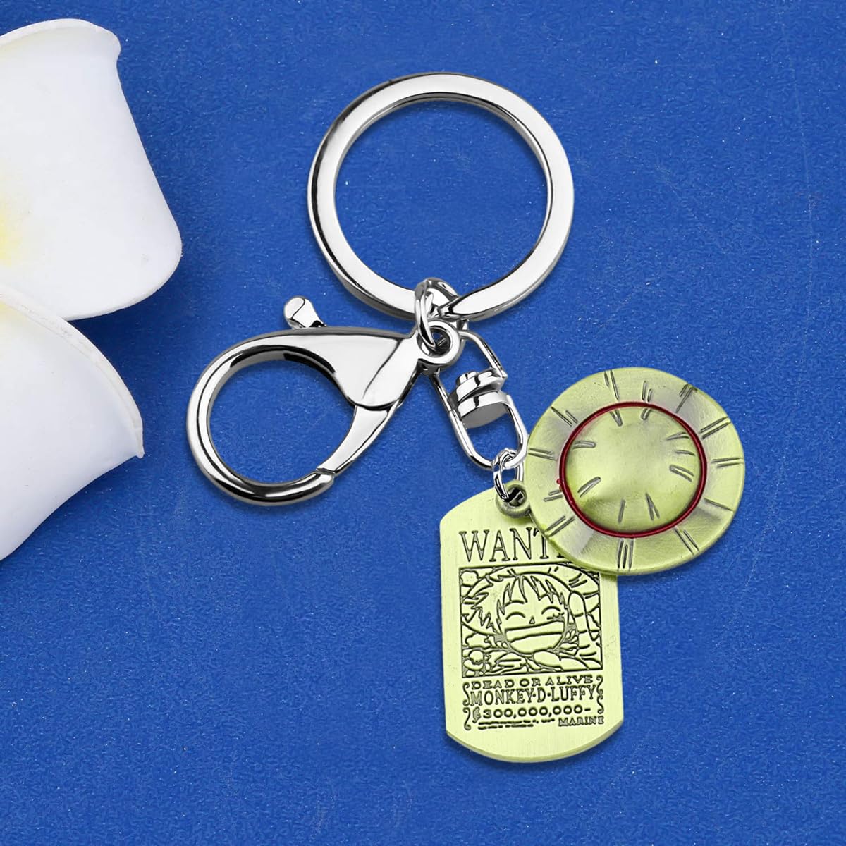 HASTHIP Anime One Piece Keychain featuring Monkey D Luffy Wanted Poster and Straw Hat Pendant