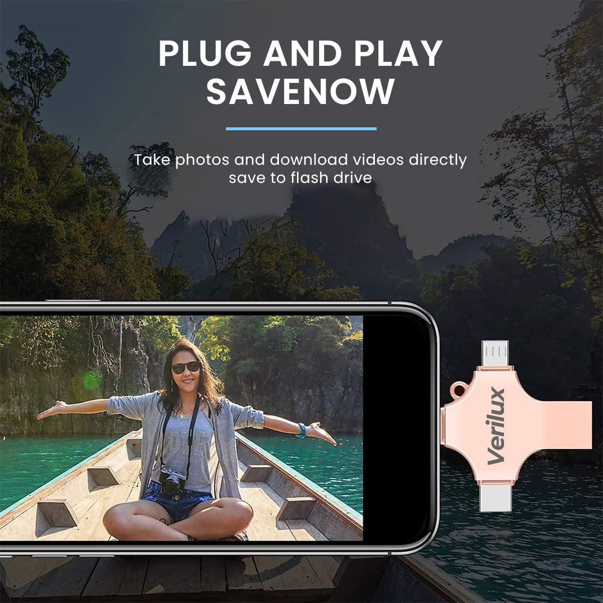 Verilux Flash Drive 64GB for Phone Pad and PC with 4 in 1 USB Type C Lightning | Rose Gold