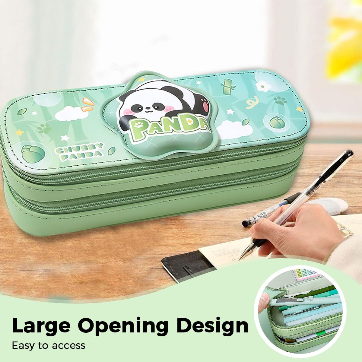 Zibuyu Pencil Box for Kids with Double Layer 22×7.5×7.5cm Design | Green Polyester Panda Organizer
