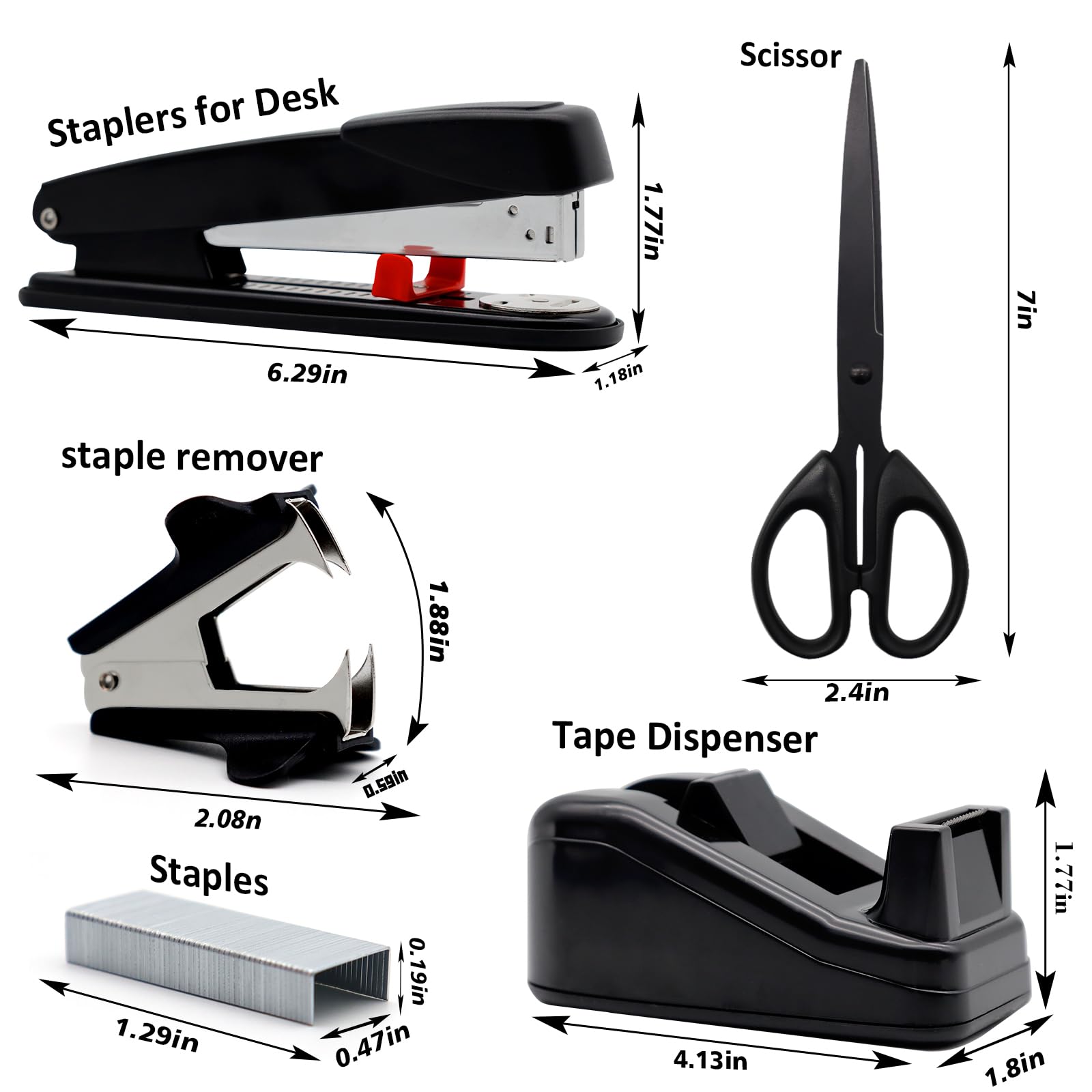 Climberty Desk Accessories Set for Office School and Home with 6.29 in Stapler & 1000 Staples | Compact Black Stationery Kit