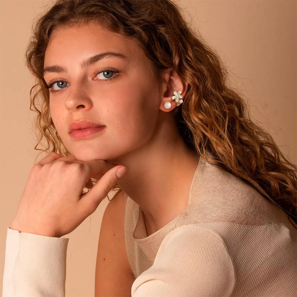 Zibuyu Earrings for Women featuring Floral Pearl and Rhinestone Design with Golden Alloy Finish | Elegant Gift Jewelry