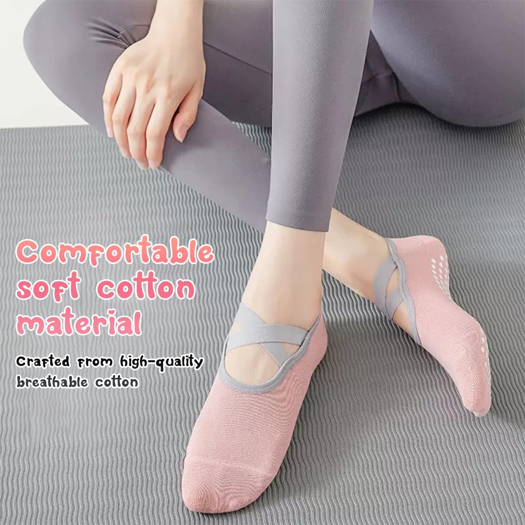 ZIBUYU® 3 Pairs Yoga Socks with Non-Slip Straps, Fitness Socks for Women Fashion Cotton Yoga Socks, Women Yoga Socks for Home Workout Gym Sports Fitness