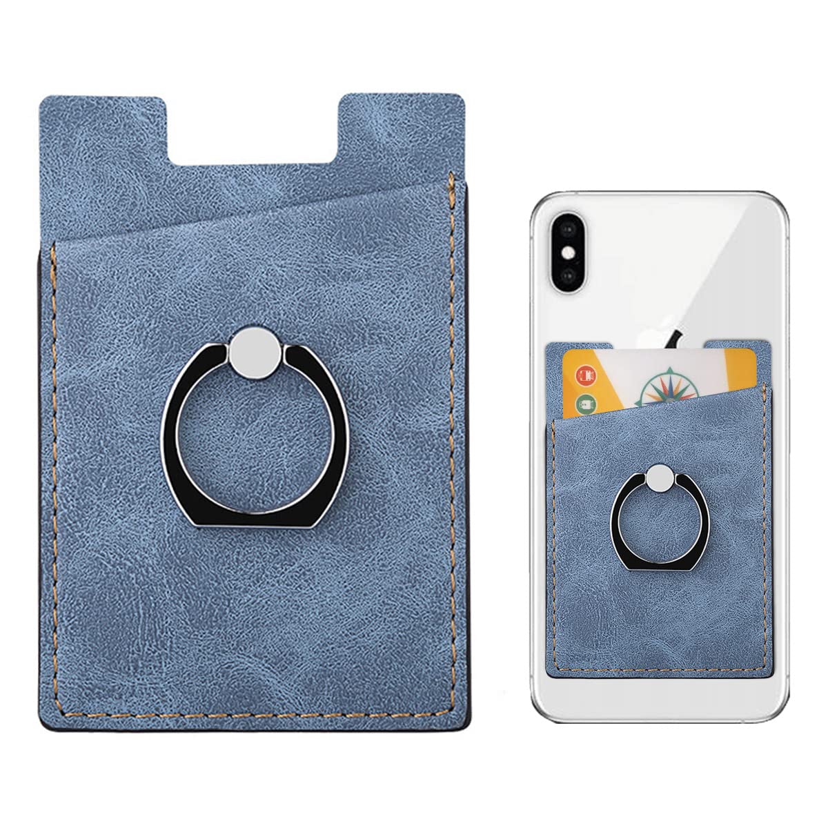 ZORBES® Phone Card Holder for Smartphones with Finger Ring Stand-Slim Card Pocket -Blue2