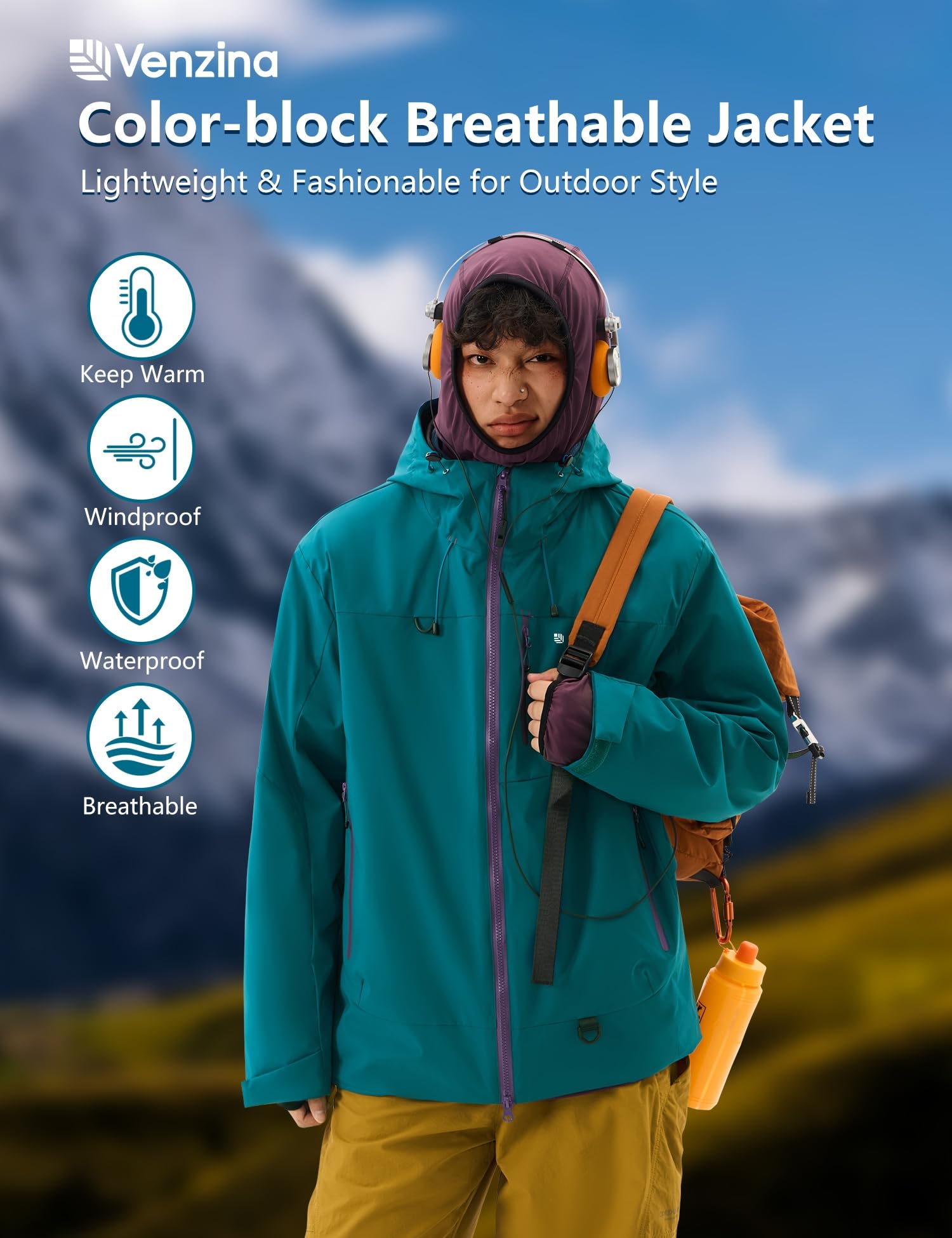 Venzina Men's Waterproof Rain Jacket for Urban Outdoor with Color Block Design | Breathable Windbreaker in Peacock Blue