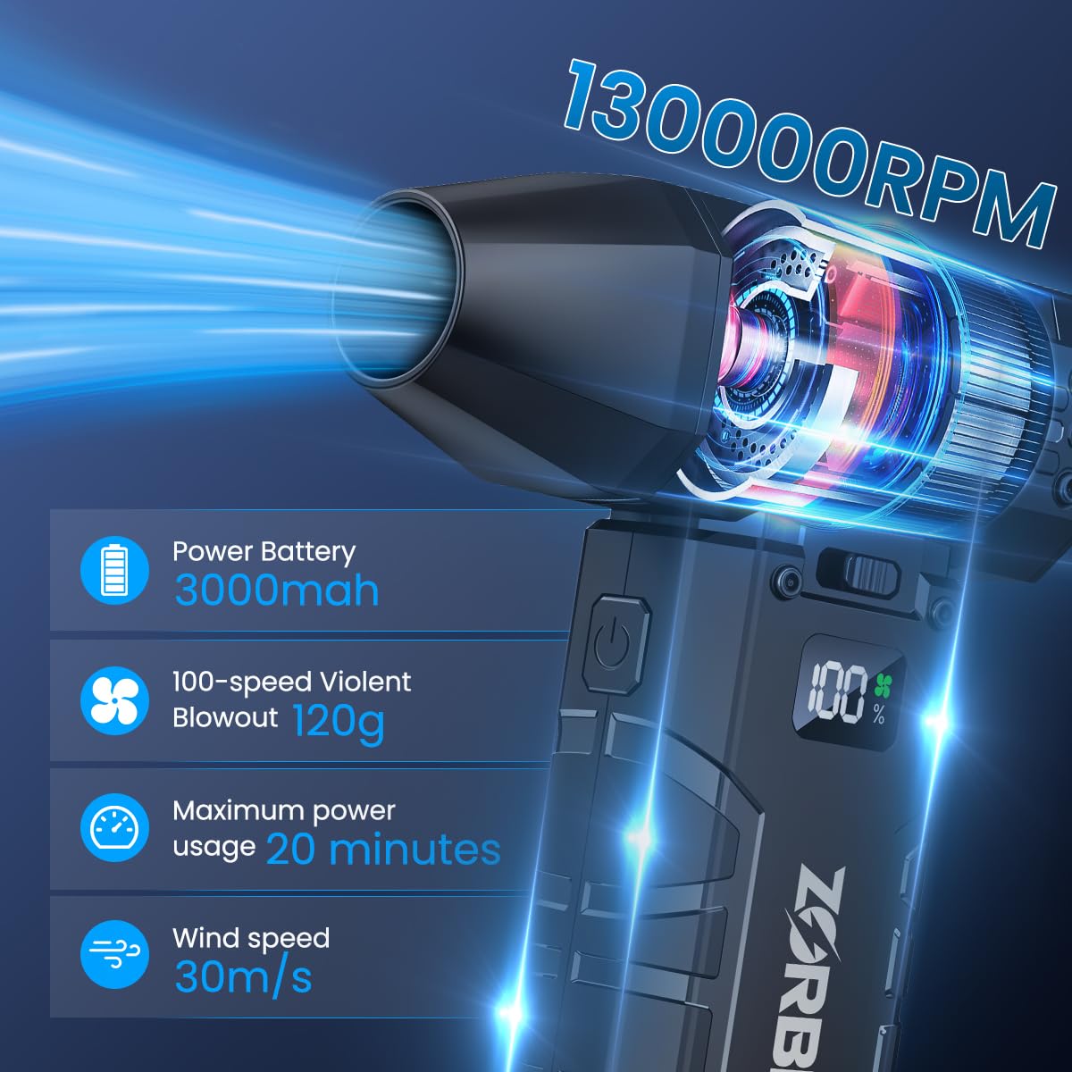 Supvox Air Duster for Car and Computer Cleaning with LCD Display and 130000 RPM Motor | Portable USB Cordless Blower Featuring Built‑in LED Light