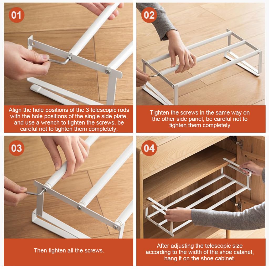 Adjustable Shoe Rack for Cabinet with 15.7–23.6 in Expandable Shelf Divider in White | Tool-Free Space Organizer