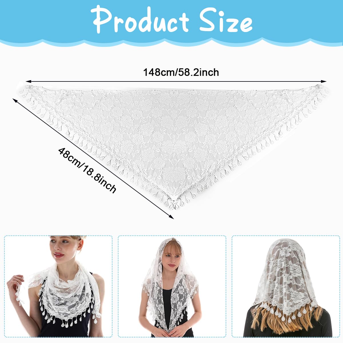 PALAY® Mass Veil for Women, Triangle Chapel Mantilla Lace Veil Shawl, Embroidery Rose Tassle Head Scarf Covering, Ladies Church Cathedral Headwear - White