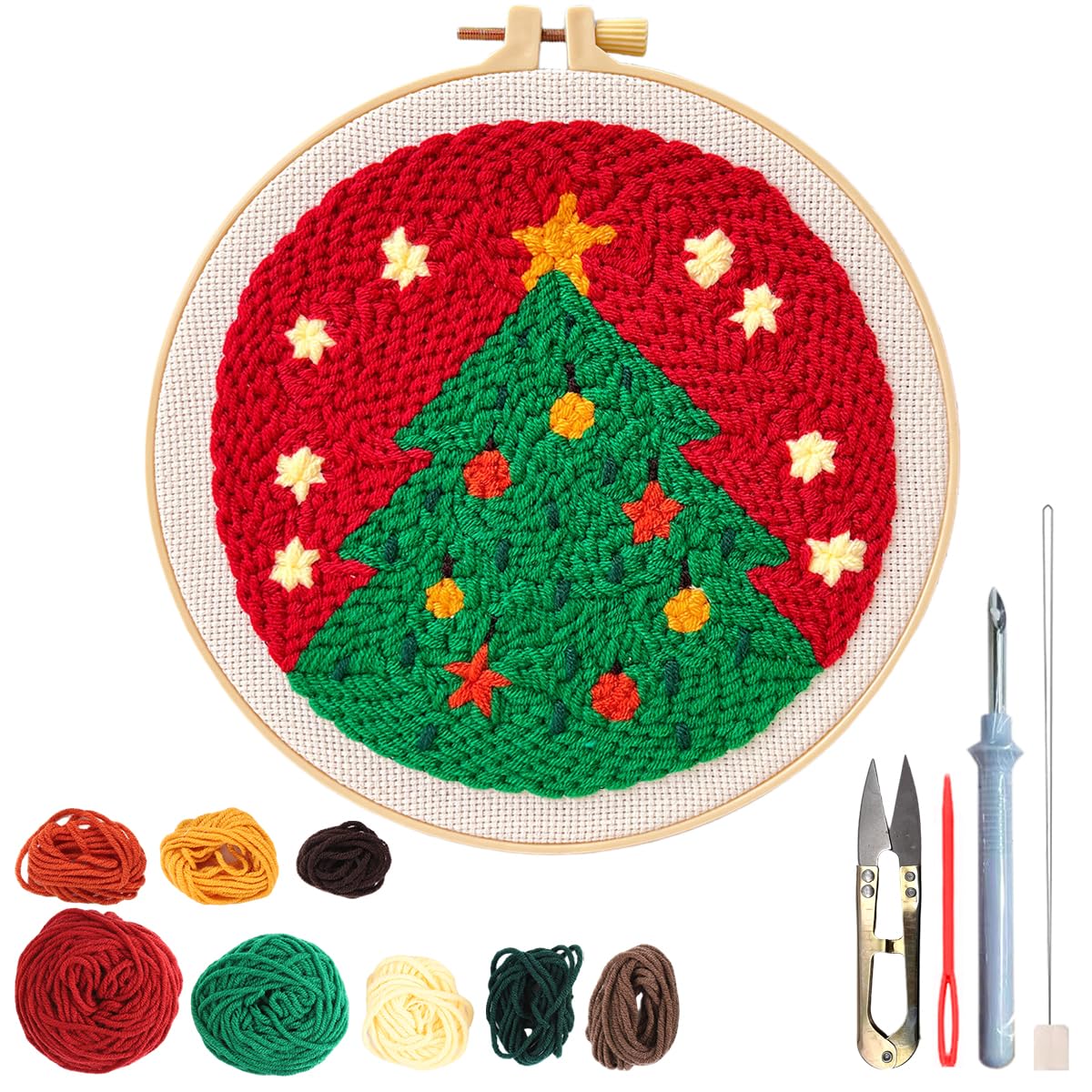 HASTHIP Punch Needle Set for DIY Christmas Tree Embroidery with Yarn and Hoop | Fun Craft Kit for Beginners and Kids