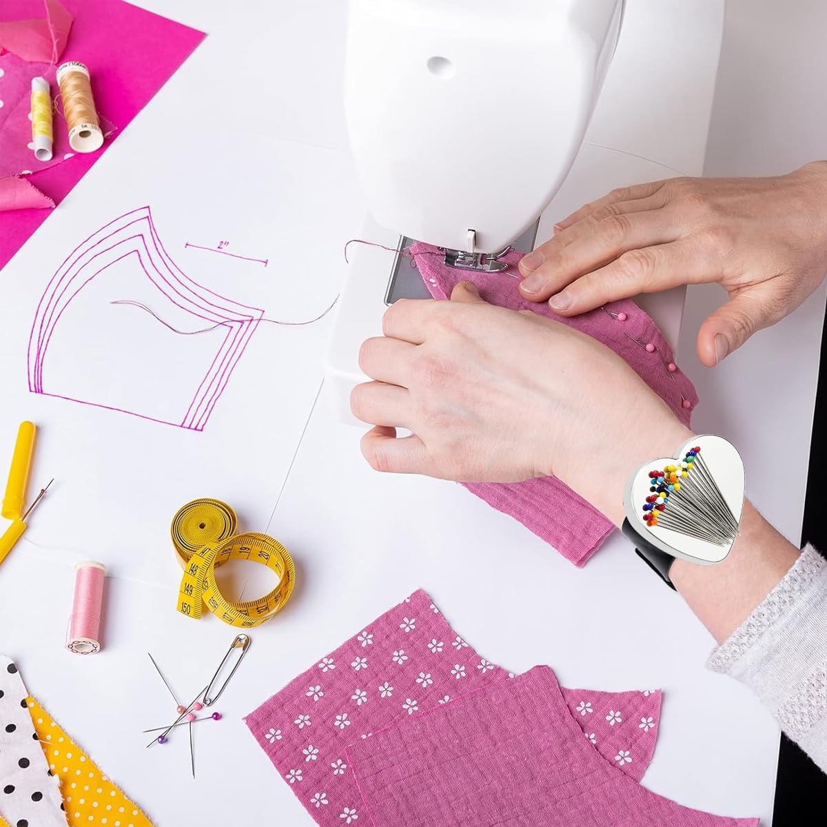 HASTHIP Magnetic Wrist Sewing Pincushion for DIY Crafts with Heart Shape and Silicone Band | Ideal for Crafters