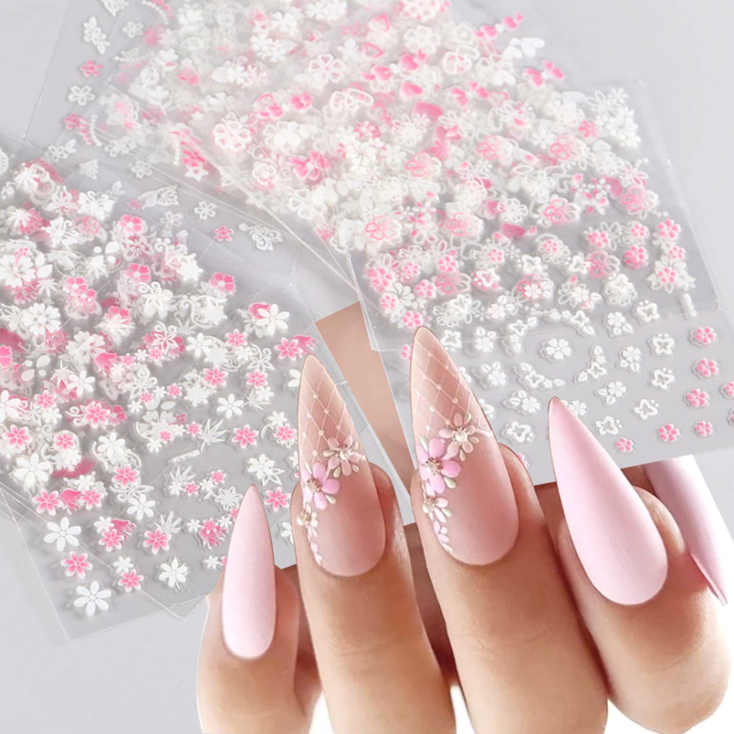 MAYCREATE® Flower Nail Art Stickers 3D Self Adhesive Pink White Nail